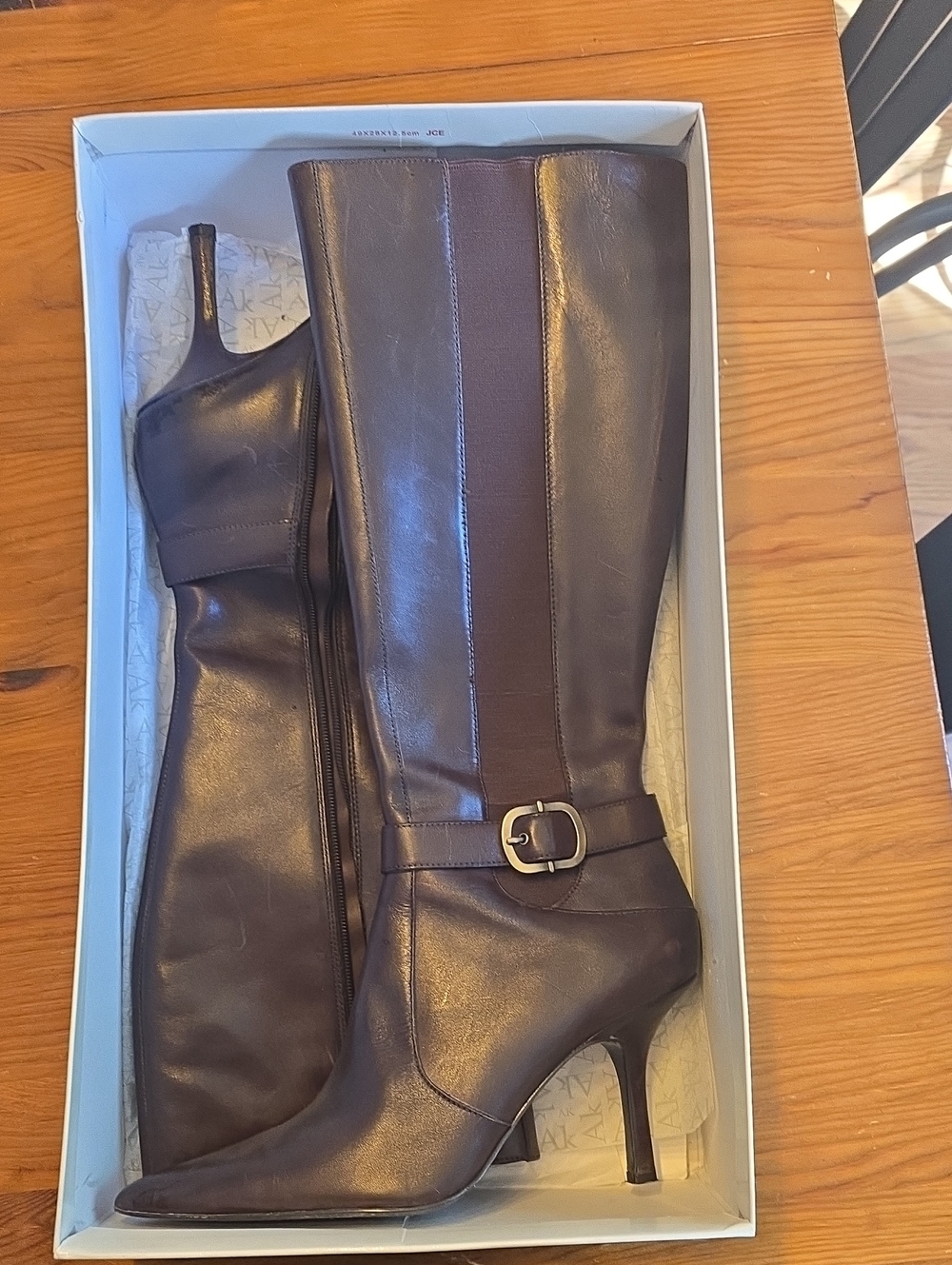 Anne Klein Dark Brown Leather Knee-High Heeled Boots with Buckle